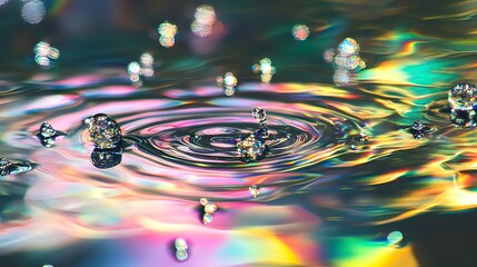 Vibrant iridescent water droplet impact, creating concentric ripples and reflections.