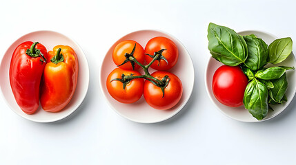 Fresh Tomatoes, Peppers, Basil on White Bowls, Food Photography, Recipe Blog.