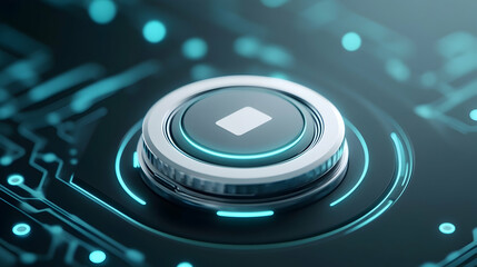 Futuristic Stop Button on Circuit Board Background; Technology Concept.