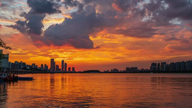 sunset view of 63 building and nodeul island wigth han River bridge traffic cars driving, seoul city attractions, south korea