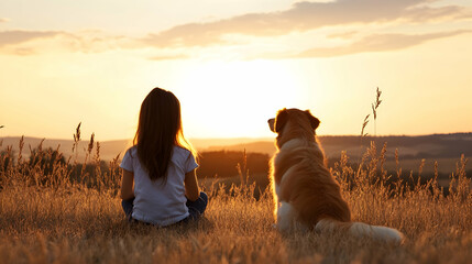 Girl, dog, sunset, field, tranquility, summer, friendship, nature, calmness, peace.