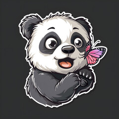 A cartoon panda bear holding a pink butterfly