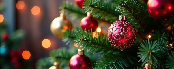 Fototapeta premium Colorful glass ornaments add a pop of color to the Christmas tree, whimsical atmosphere, christmas tree decorations, colorful glass ornaments