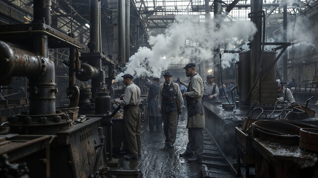 Factory workers in heavy industrial machinery hall during Victorian era, steam rising from pipes, wearing period clothing and caps, atmospheric moody lighting