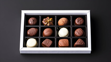 Gourmet Chocolate Assortment Box, Dark Background, Gift, Sweet Treat, Studio Shot.