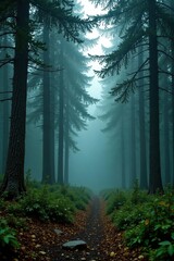 Fototapeta premium Dense foliage of juniperus trees in a misty forest, mist, flora, forests