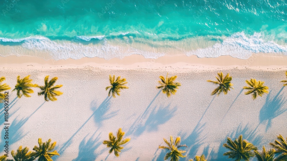 Poster sunny beach with swaying palm trees and clear blue water in miami during midday hours. generative ai
