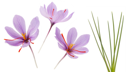 saffron crocus or crocus sativus with leaves isolated on white background.