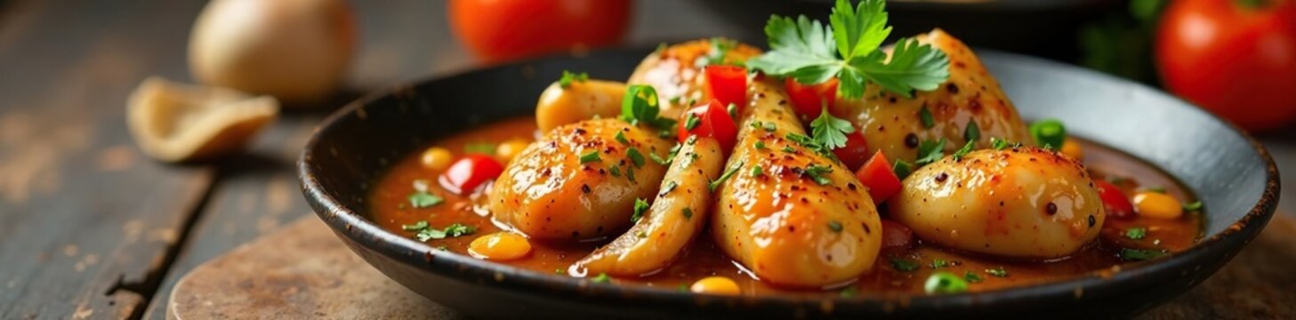 Frango assado com cebolas e cenouras em um prato, comida, aroma