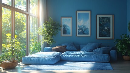 Modern Cozy Living Room with Blue Sofa and Nature View. Concept of Relaxation and Tranquility.
