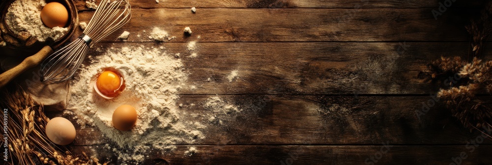 Aufkleber top down view of a wooden surface with scattered flour and cracked egg ready for baking activity. ge