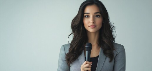 A woman in a suit holding a microphone, ready to speak or present.