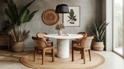 Modern minimalist dining room with round marble table, rattan chairs, and plants.