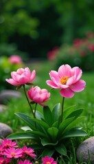 Obraz premium Pink peonies blooming in a lush green garden with pink stones and soft pink grass, peonies, lush green