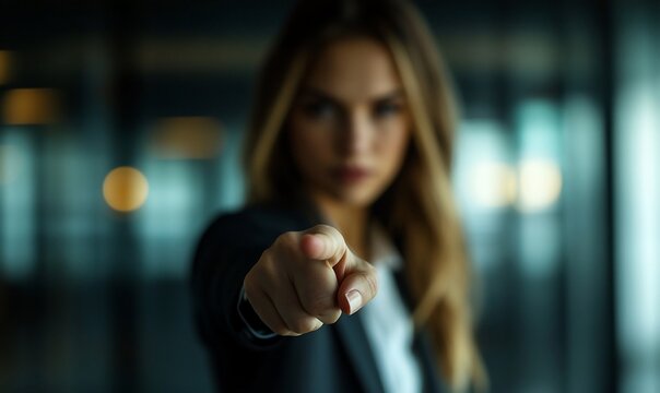 A woman in a business suit points assertively, conveying a strong message.