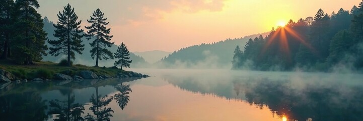Serene forest landscape with misty dawn over lake and trees, morning, lake, misty