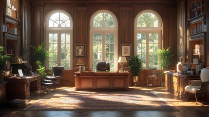 Fototapeta premium Luxurious Classic Study Room with Sunlight. Concept of Productivity, Work, and Elegance.