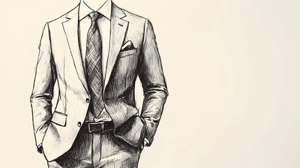 Professional fashion technical illustration featuring detailed hand-drawn pencil sketch of men's suit and trousers, showcasing clean line art and bespoke tailoring elements in black and white.
