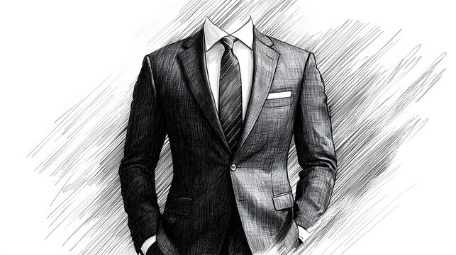 Professional fashion technical illustration featuring detailed hand-drawn pencil sketch of men's suit and trousers, showcasing clean line art and bespoke tailoring elements in black and white.
