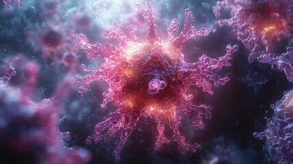 Obraz premium Microscopic view of a virus, showing its complex structure and intricate details.