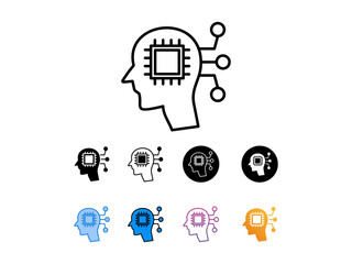 Microchip embedded in a human head ,icon  with 9 different styles, line, glyp, flat, gradient etc.deal for technology, cybernetics, artificial intelligence, and futuristic concepts. isolated on white 