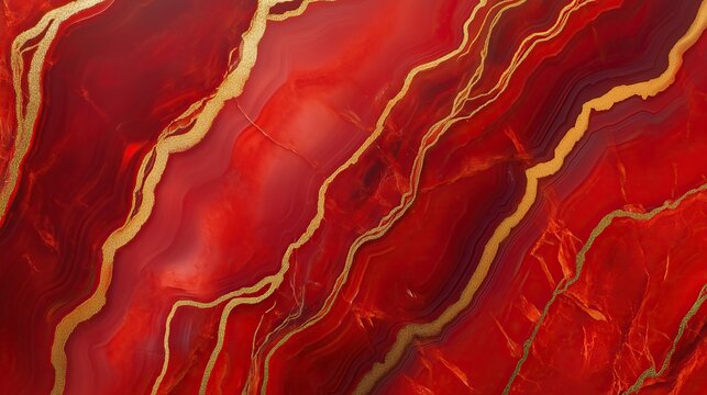 top view on flat surface of red agate with golden veins, texture background   