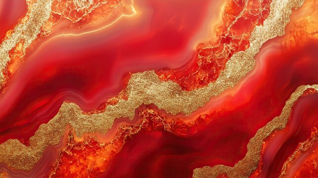 top view on flat surface of red agate with golden veins, texture background   