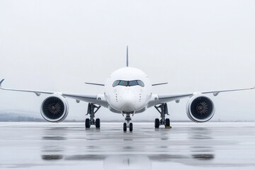 Naklejka premium Large white airplane on airport tarmac.