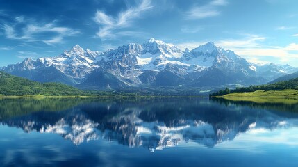 Fototapeta premium Dramatic landscape photograph capturing majestic snow-capped mountain range reflected in crystal clear alpine lake, surrounded by lush meadows under pristine sky with wispy clouds.
