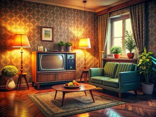 Vintage meets modern in this AI-generated living room design: a retro TV room radiating style and...