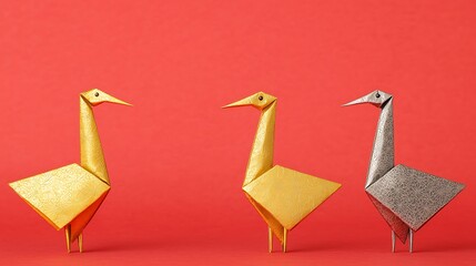 Three origami birds gold, gold, grey on red background.