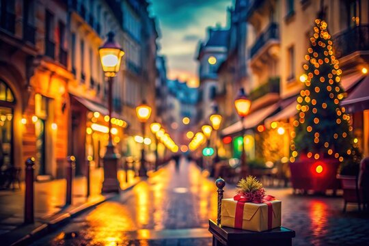 Vintage Parisian bokeh: blurred lights, romantic street scene, perfect gift photography capturing city charm.