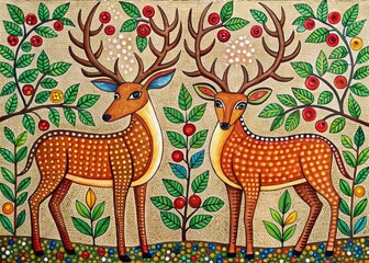 Whimsical forest deer: a fusion of Gond, Madhubani, and Aboriginal art in food photography.