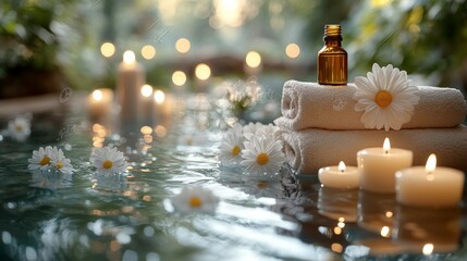 A serene spa scene with candles, essential oils, and a woman relaxing on a massage table.