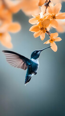Naklejka premium Hummingbird feeding on yellow blossoms, spring garden bokeh background, nature wallpaper.