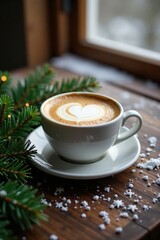 A warm cup of cappuccino on a wooden table covered with snowflakes and pine needles, cozy, pine