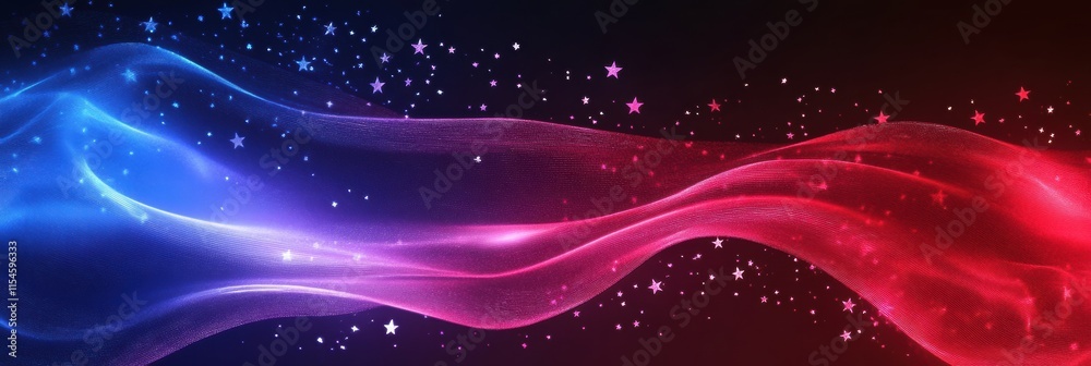 Aufkleber Flowing fabric texture of American flag waves in a vibrant background with stars and light effects. Generative AI