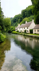 Obraz premium Idyllic Cotswolds village river reflections, tranquil scenery, travel postcard.