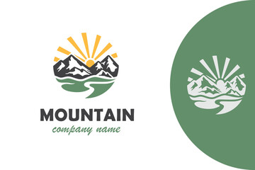 Mountain rock Landscape Vintage Logo with trekking and sunset or sunrise graphic Silhouette. ravine as symbol of nature exploration vector logo illustration