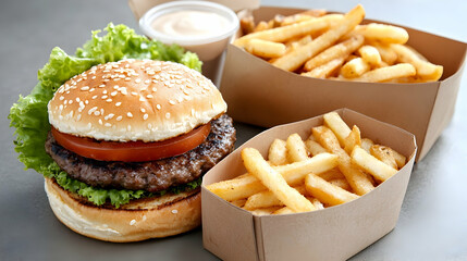 Juicy burger, crispy fries, takeaway packaging, gray background, food menu.