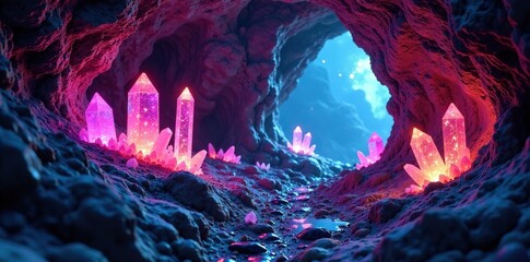 Crystal cave with glowing crystals and strange atmospheric effects, luminous, divine, crystals