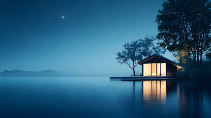 Fototapeta premium Lakeside Cabin Night Starscape Peaceful Retreat.