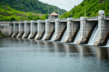 Scenic view of a hydroelectric dam surrounded by lush green hills and calm waters.