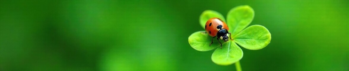 Obraz premium Delicate ladybug crawling on four-leaf clover dew drop, green, water