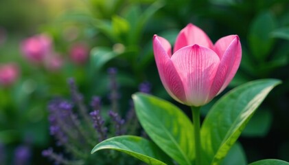 Obraz premium Delicate pink petals unfolding from a green stem amidst lush foliage, purple, flowers, growth