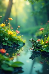 Dreamy, ethereal landscape with frogs and water plants, nature, landscape, peaceful
