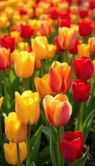 Field of tulips with mix of yellow and red hues, tulip garden, sunny meadow