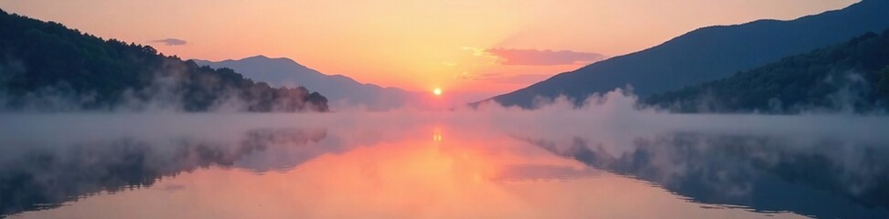 Fototapeta premium Fog rolling off the surface of a calm lake at sunrise, morning, landscape