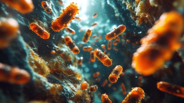 Microscopic view of rod-shaped bacteria floating in a fluid, illuminated by a light source.