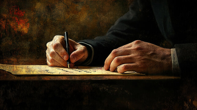 close up of male hand writing poetry with ink